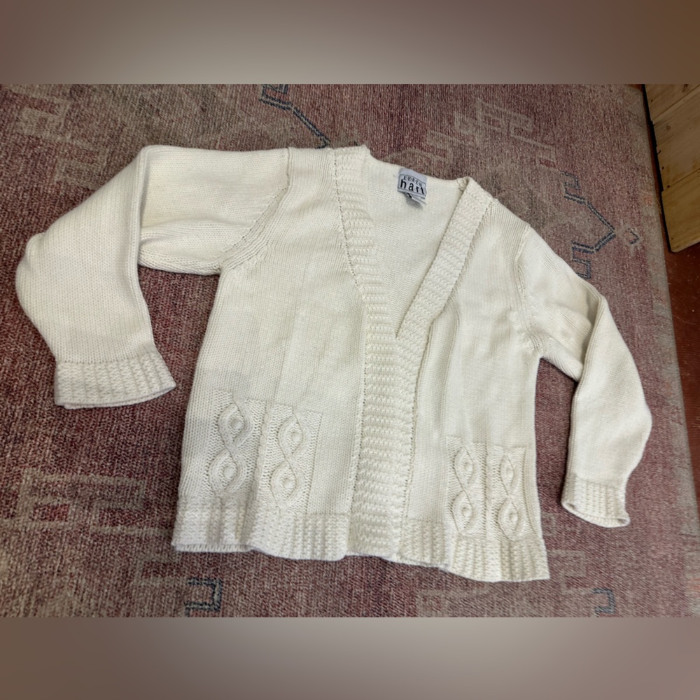Keren Hart vintage white knit cotton cardigan with diamond design ruffle detail